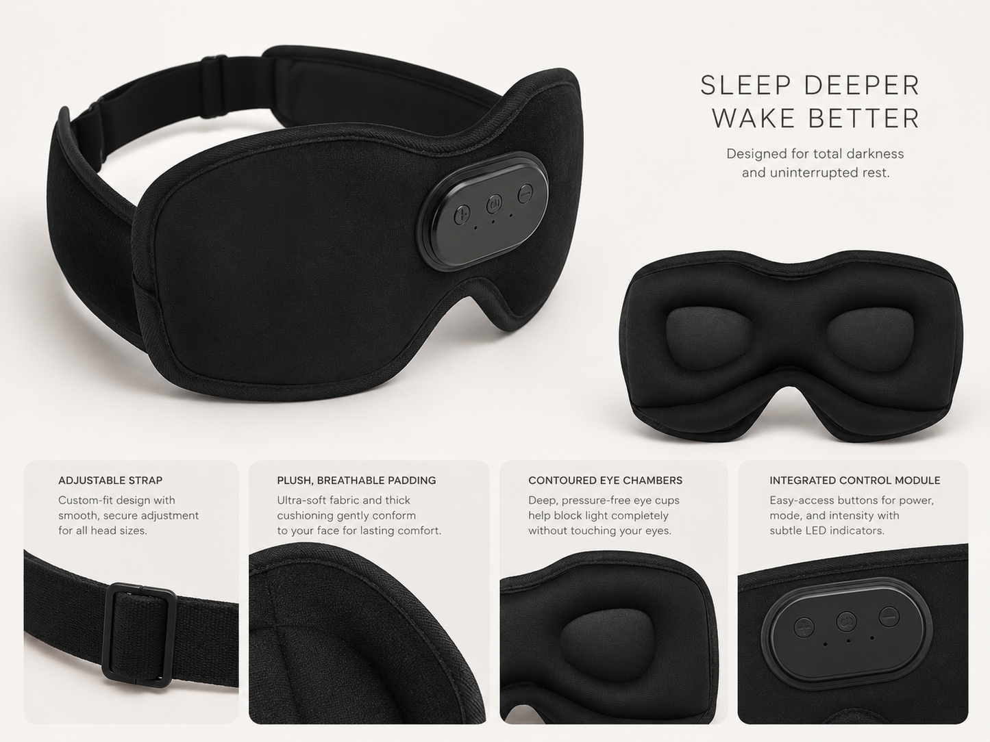 Black sleep mask shown on a light beige background with marketing text and four detail callout panels highlighting adjustable strap, plush breathable padding, contoured eye chambers, and integrated control module.