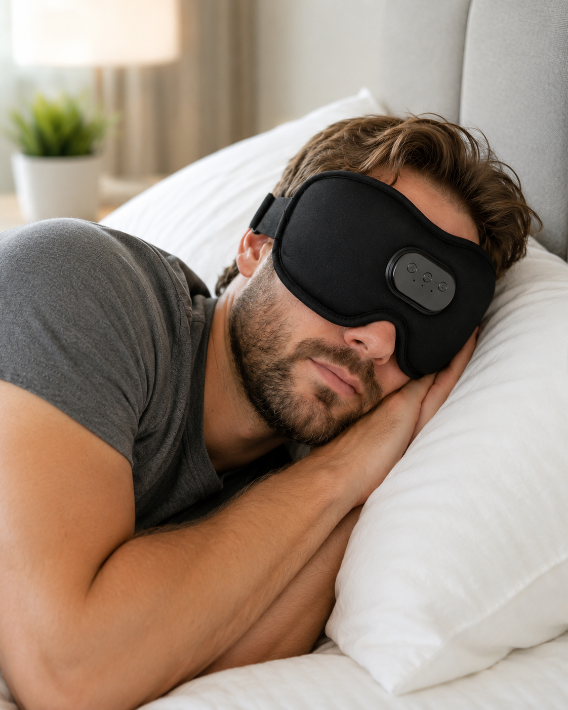 A man lying on a bed with his eyes closed, wearing a black sleep mask with a small digital control panel on the front. The room is softly lit with a neutral gray headboard and white pillows in the background.