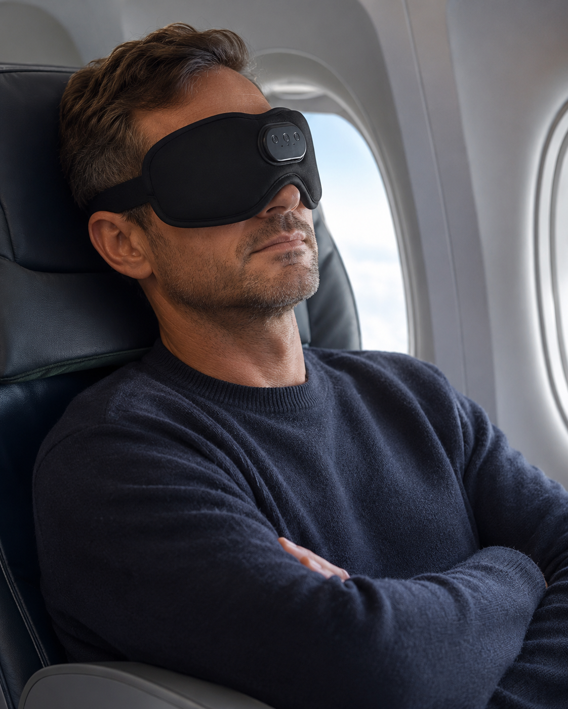 A man wearing a black airplane sleep mask sits in an airplane seat with his arms crossed, looking out the window.
